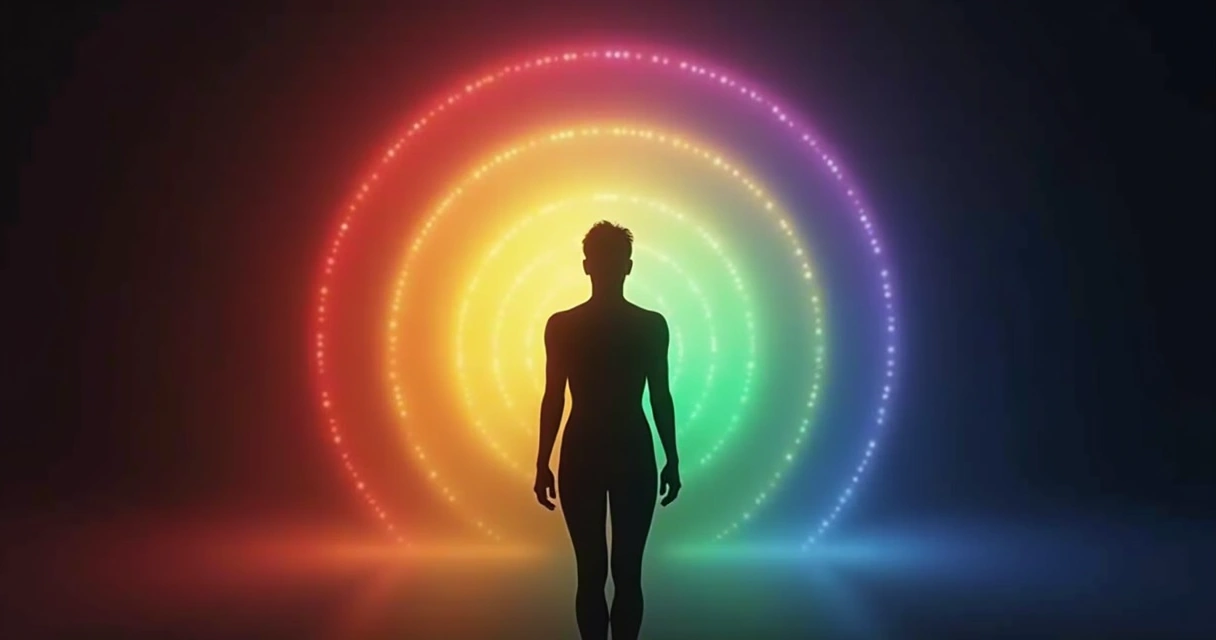 Representação colorida das diferentes cores da aura em torno de um corpo humano 