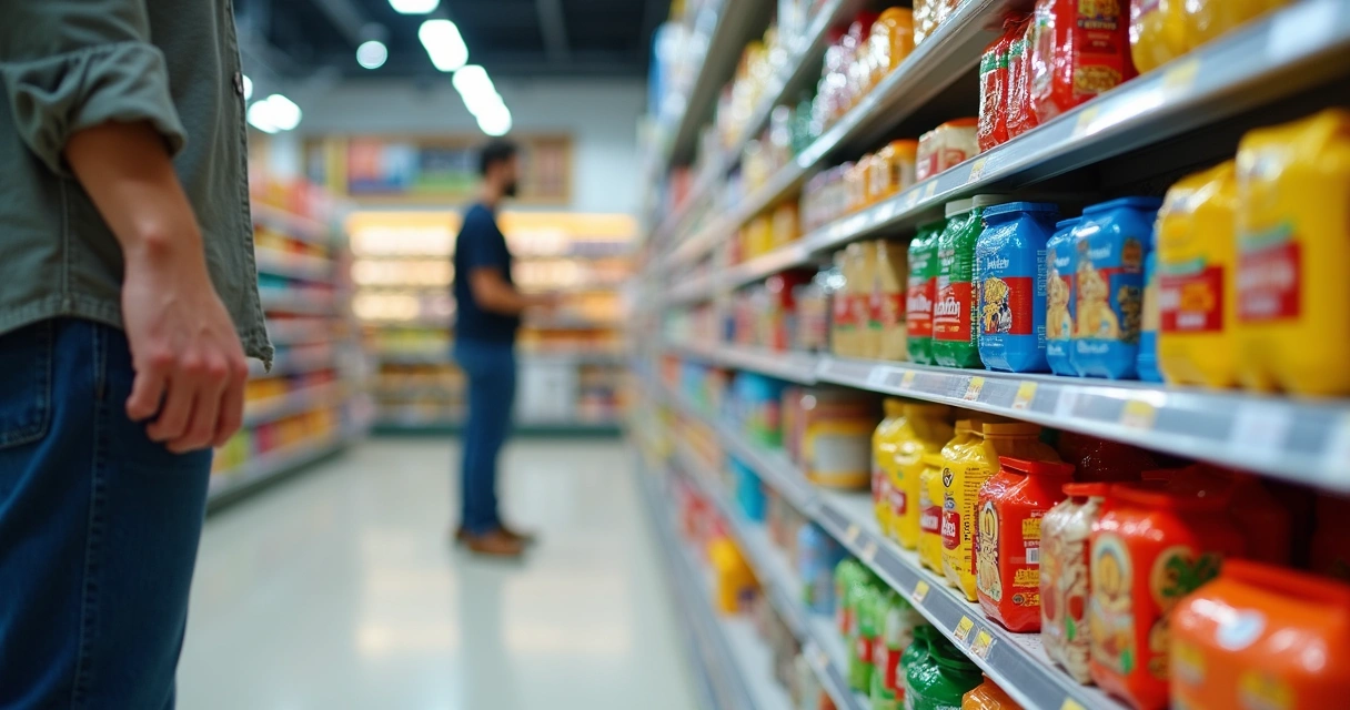 Corredor de supermercado com destaque para prateleira de embalagens coloridas 