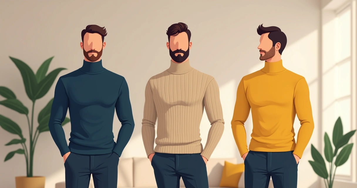 Três homens usando gola alta masculina em diferentes cores e tecidos