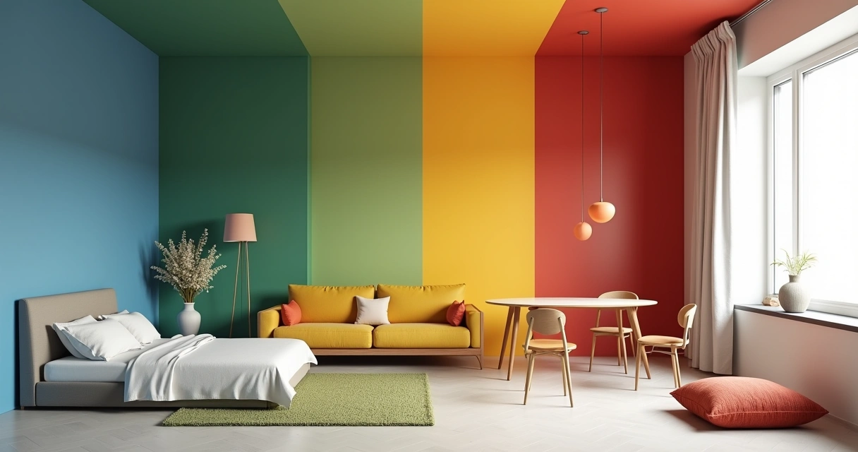 Ambiente interno dividido em cinco seções, exibindo cores e suas energias: azul, verde, amarelo, vermelho e branco.