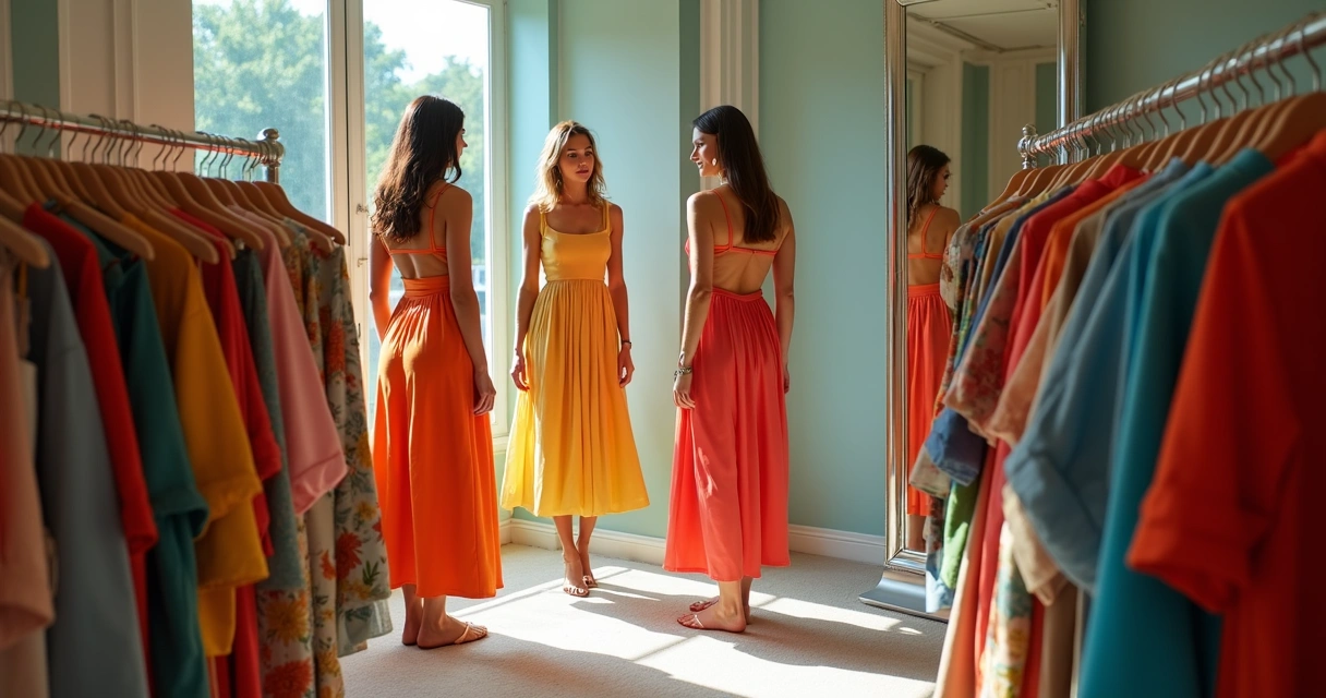 Pessoas combinando roupas coloridas em um provador 
