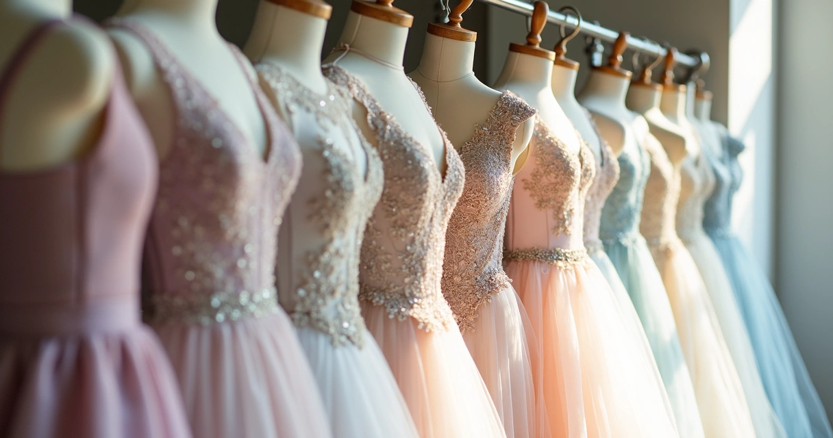 Vestidos de noiva em tons pastel e cores suaves lado a lado