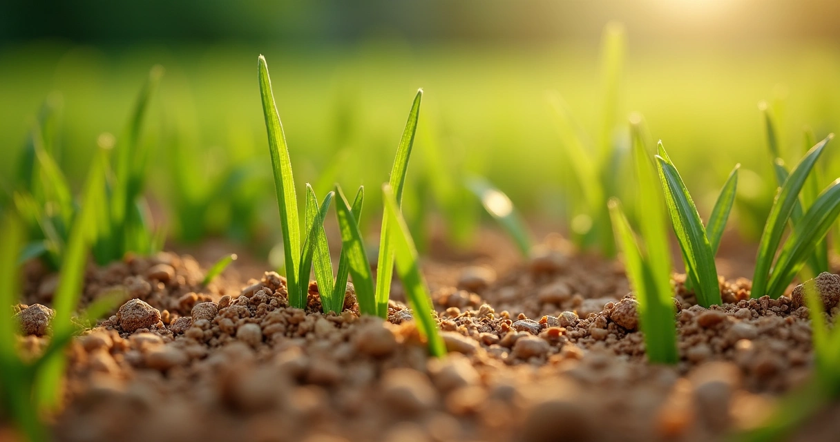 Close-up of cork granules mixed with artificial grass blades. 