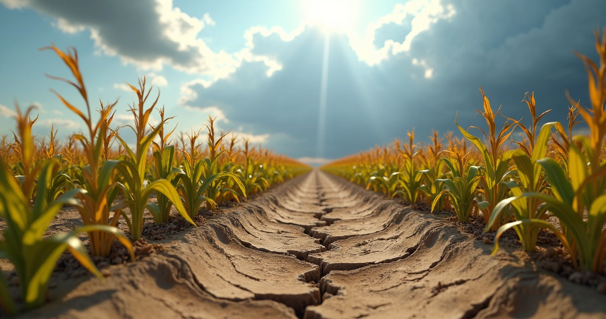 Dry corn field showing cracked earth and wilted leaves 
