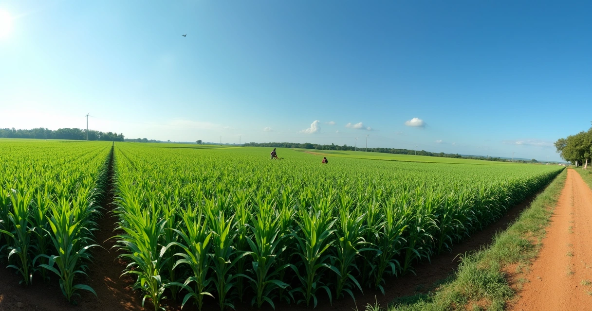 Wide view of corn plants on a Brazilian farm with blue sky 
