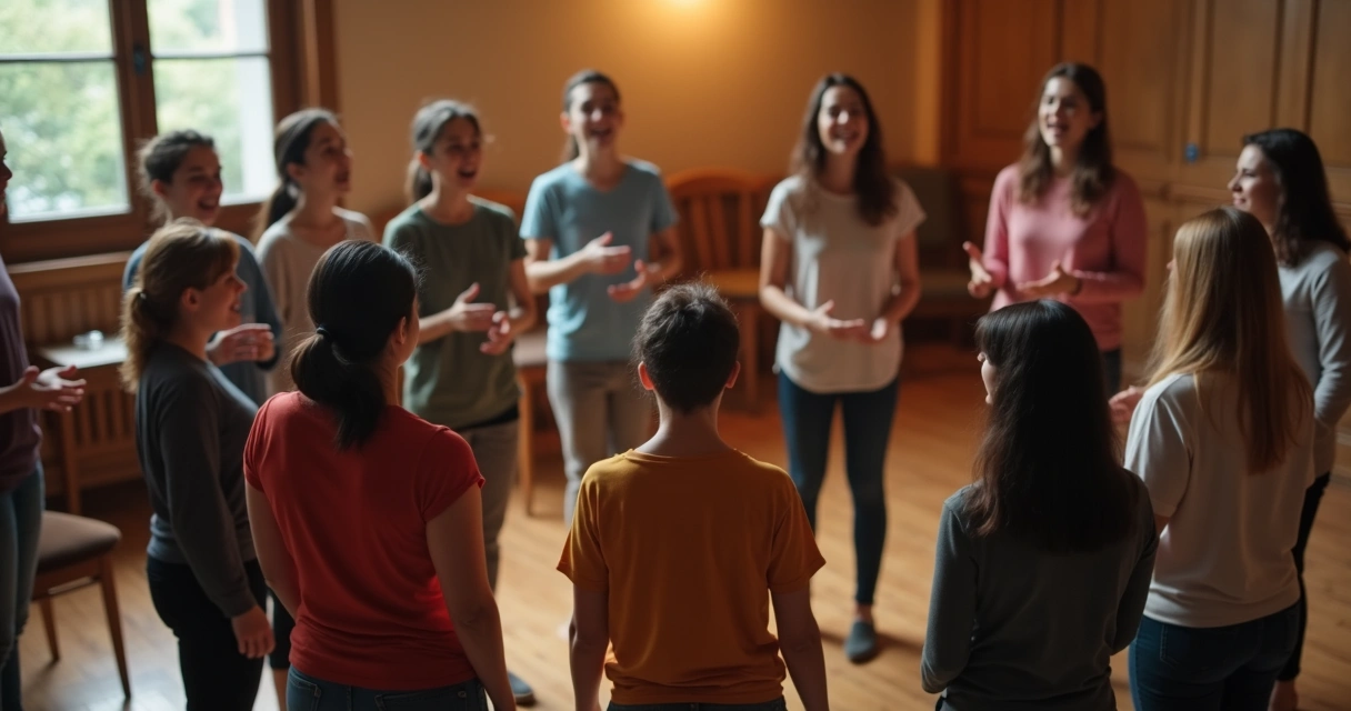 Grupo cantando em círculo com expressão de conexão 