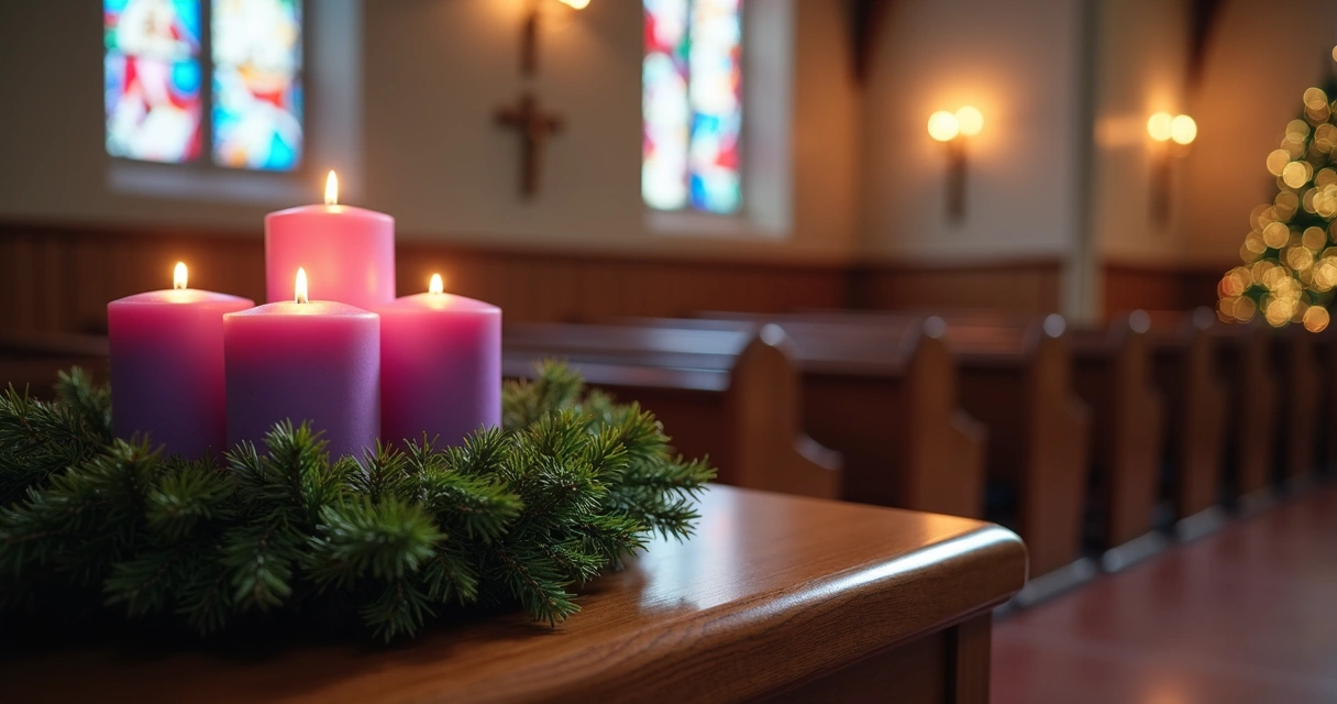 Coroa do Advento com quatro velas acesas em ambiente litúrgico com decoração natalina acolhedora 