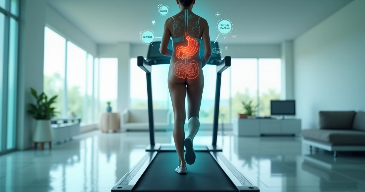 Pessoa em esteira com ilustrações de hormônios e metabolismo ao redor do corpo 