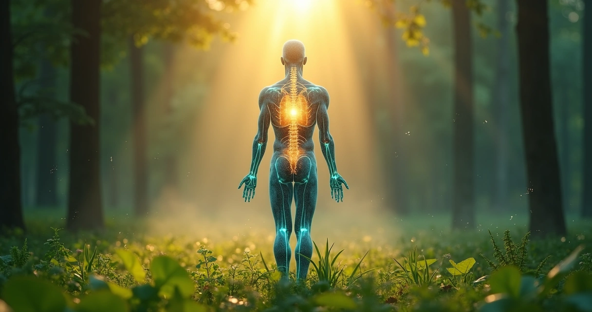 Silhueta humana transparente na floresta com linhas de energia ligando coração e mente 