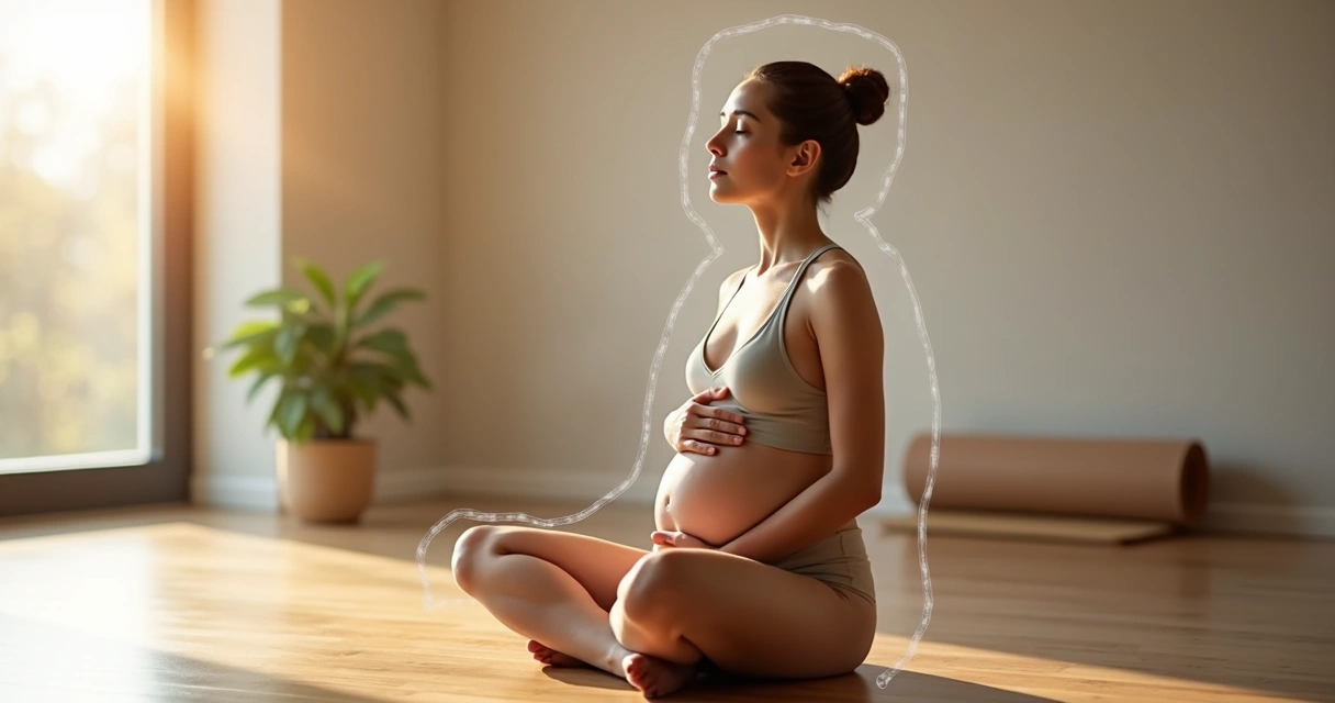 Pessoa em postura de meditação tocando o próprio peito em ambiente calmo 