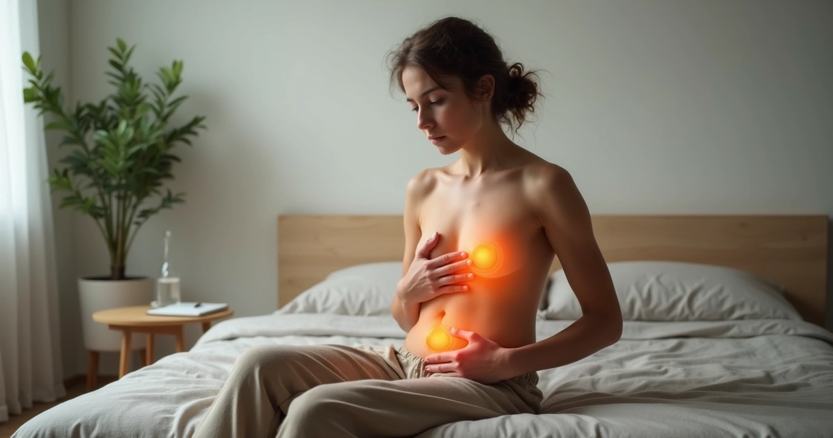 Pessoa sentada percebendo tensões no corpo com luz destacando áreas doloridas 