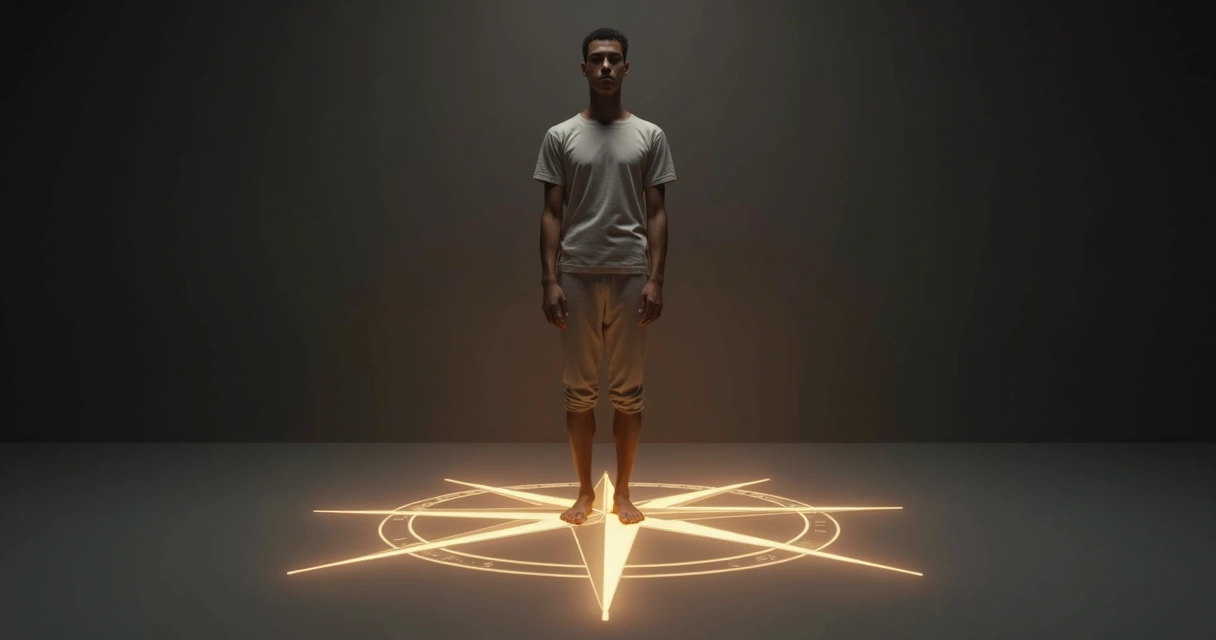 Pessoa em pé em chão escuro com silhueta iluminada por forma de bússola projetada no corpo 