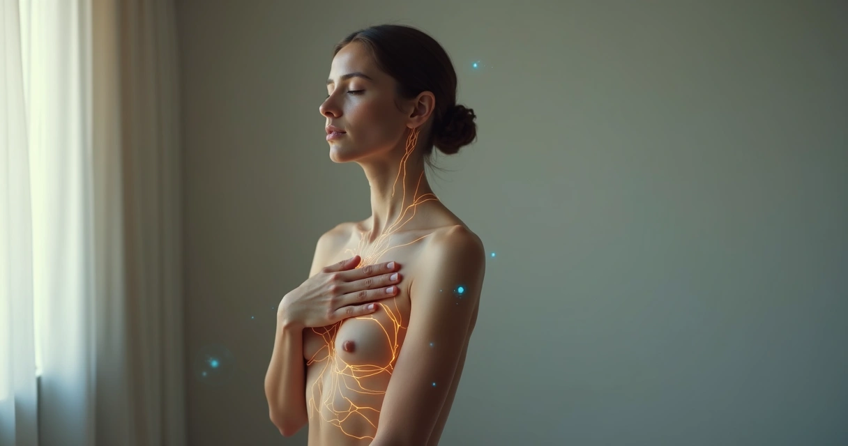 Pessoa em pé com mão no peito e figura translúcida destacando conexões corpo-mente 