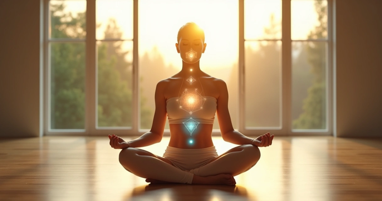 Pessoa em posição de meditação com silhueta do corpo integrada a uma luz expansiva 