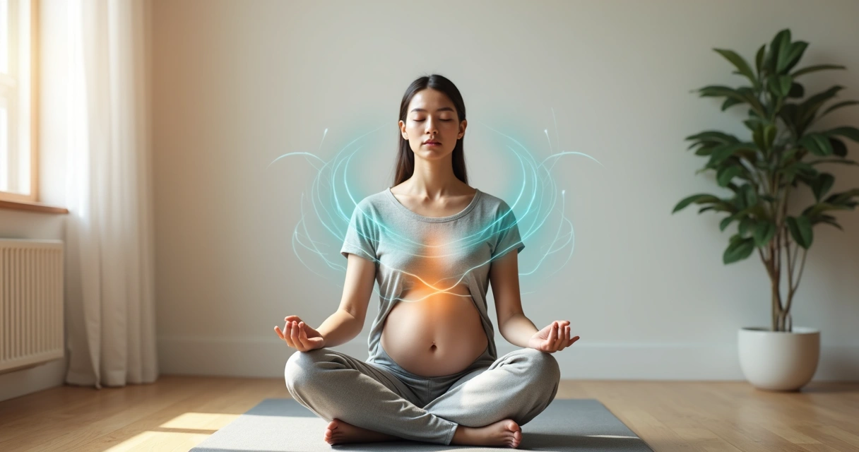 Pessoa sentada em postura de meditação com ilustrações de ondas emocionais ao redor do corpo 