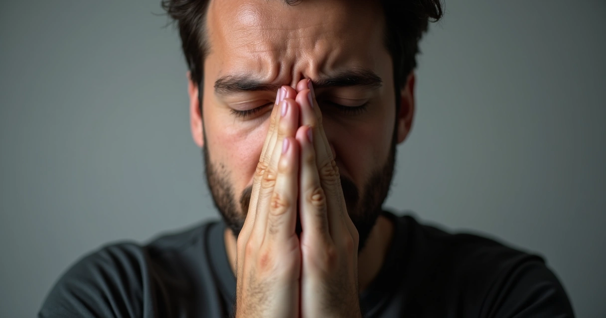 Homem de olhos fechados com metade do rosto iluminado, mostrando contraste entre paz e tensão