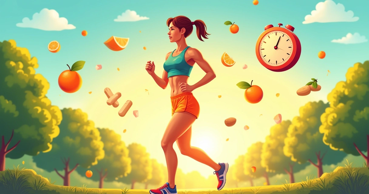Atleta correndo ao ar livre com ícones de saúde como frutas e vitaminas flutuando ao redor.