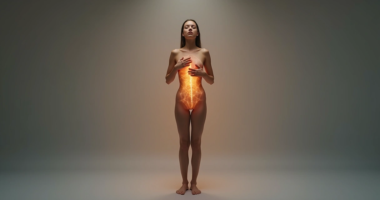 Pessoa em pé com mapa de emoções iluminado no corpo 