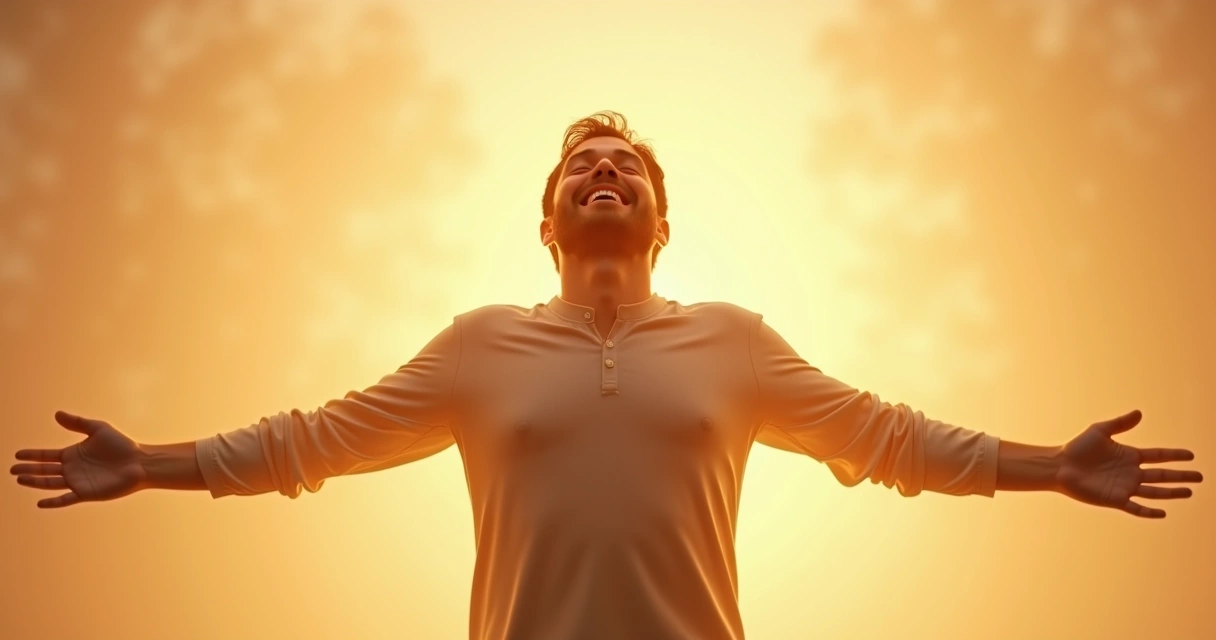 Pessoa em pé, braços abertos, expressão de alegria, luz suave ao redor 