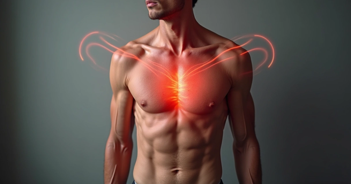 Busto de uma pessoa demonstrando tensão muscular e respiração curta 