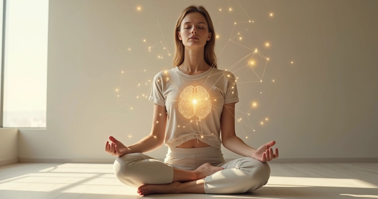 Pessoa sentada em posição de meditação com corpo iluminado em pontos de luz 