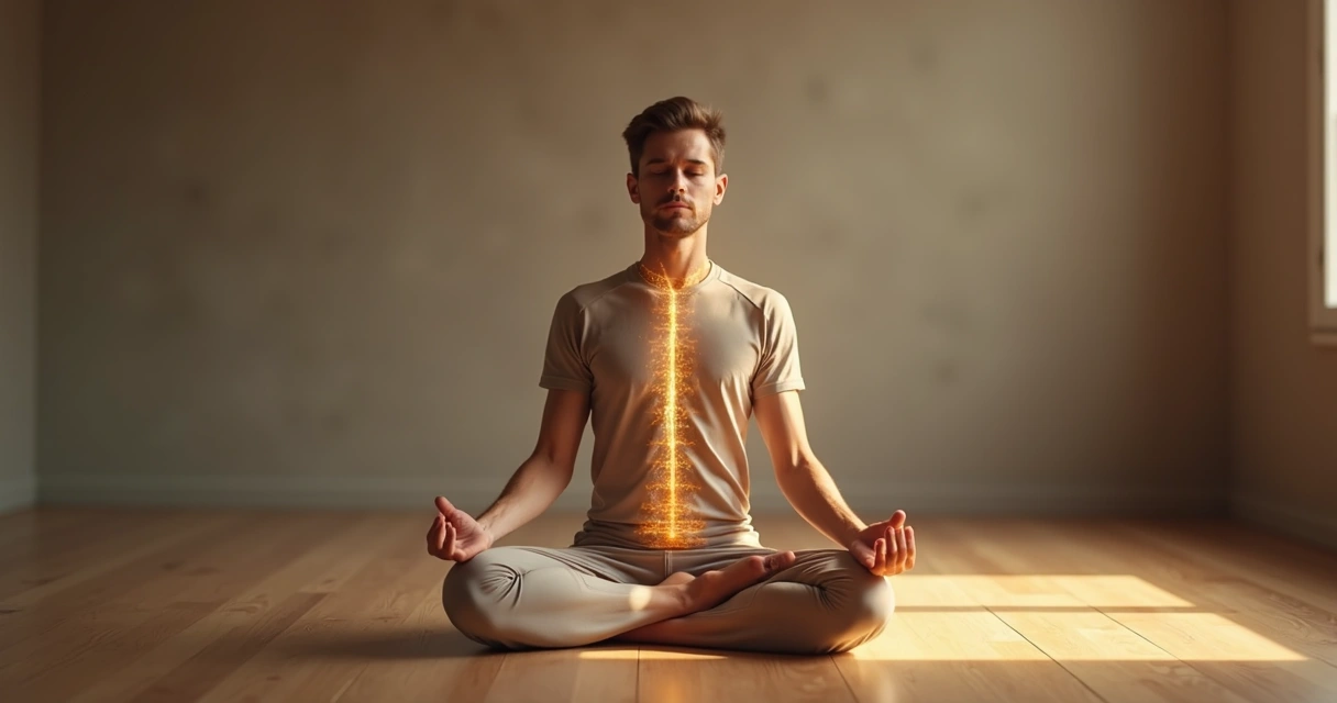Pessoa em postura de meditação com contorno de luz entrelaçado ao corpo 