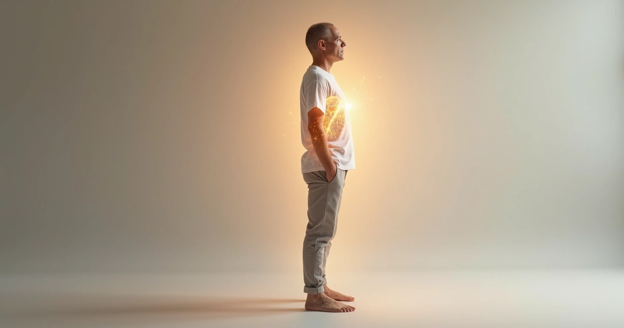 Pessoa em pé com corpo iluminado e conexões entre cérebro e coração 