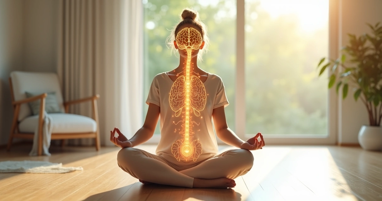 Pessoa em posição de meditação com contornos do corpo integrados a formas de energia e cérebro ao fundo 