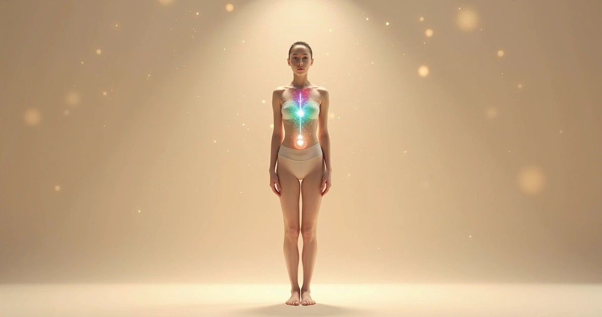 Pessoa em pé com áreas do corpo destacadas por cores representando emoções 