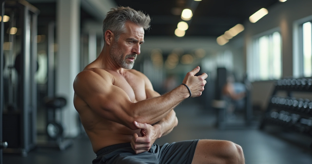 Homem adulto sentado olhando para seu braço mais magro e menos definido, expressão preocupada. 