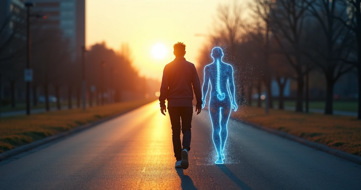 Pessoa caminhando sobre trilha dupla com silhueta energética puxando para trás 