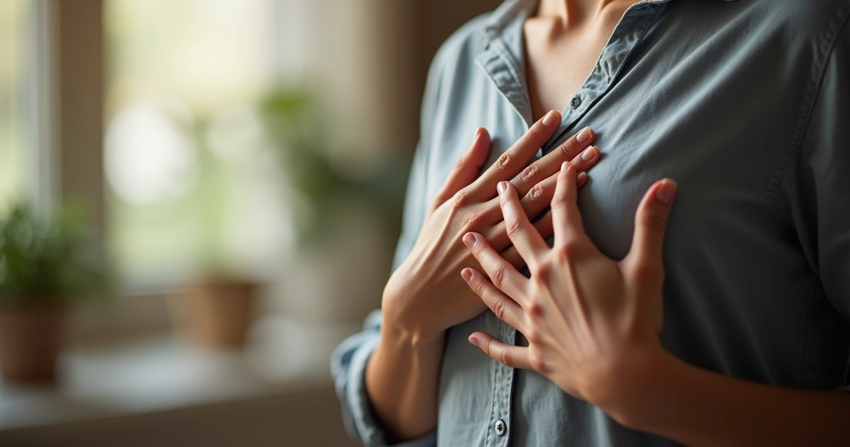 Pessoa tocando o próprio peito, sentindo sinais do corpo na tomada de decisão