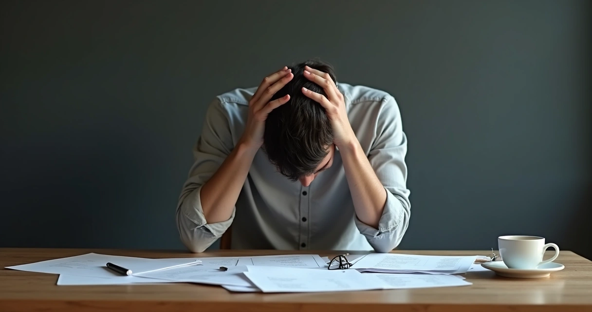 Pessoa encostada na mesa com as mãos na cabeça