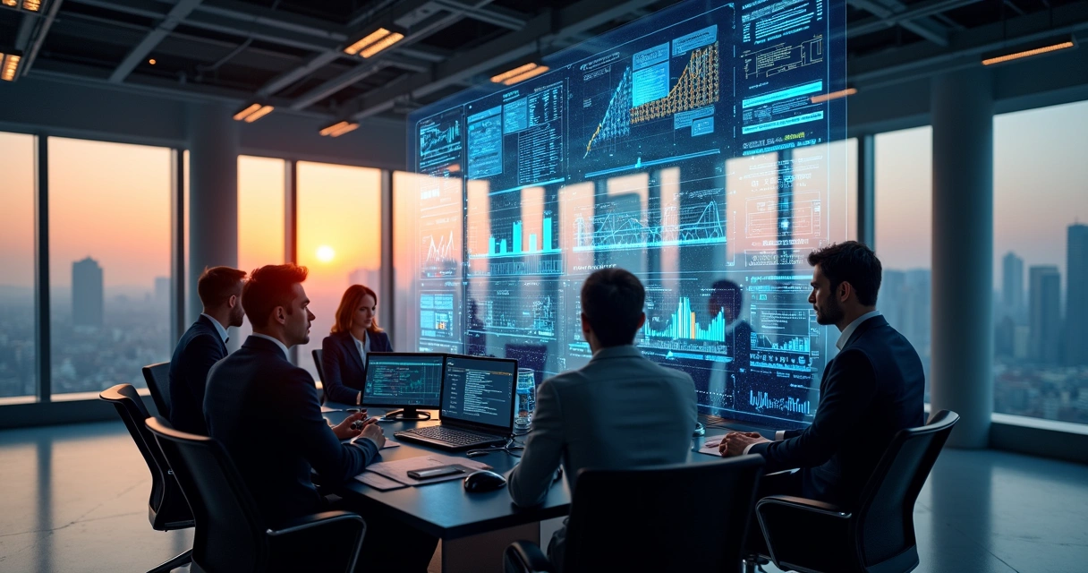 Ambiente corporativo com executivos analisando dados de risco em múltiplas telas digitais 