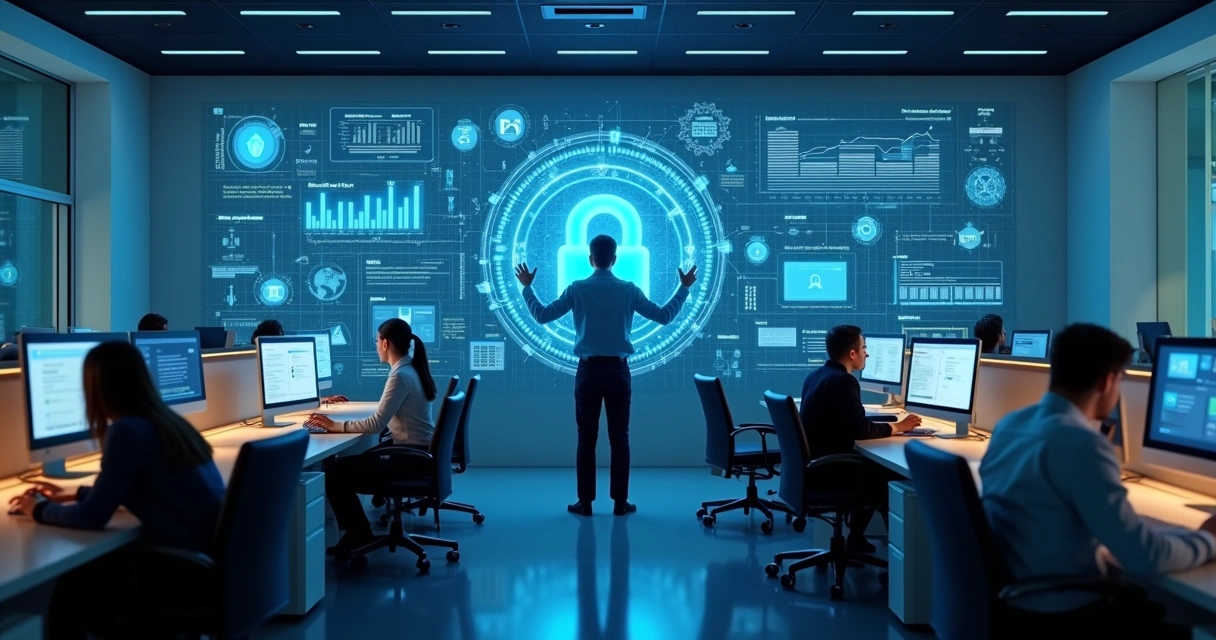 Pessoa ajustando painel de segurança digital em escritório moderno 