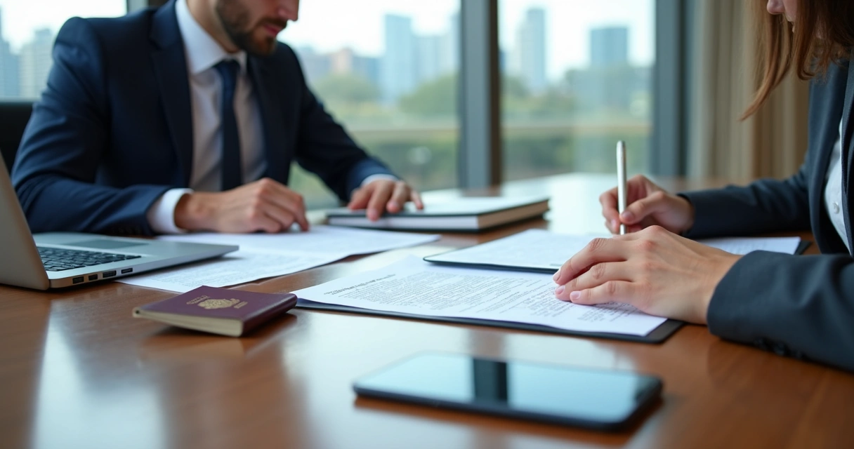 Lawyers reviewing corporate formation documents in a modern office 