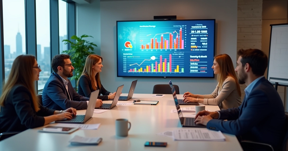 Boardroom discussion with diverse professionals reviewing ESG strategy charts 