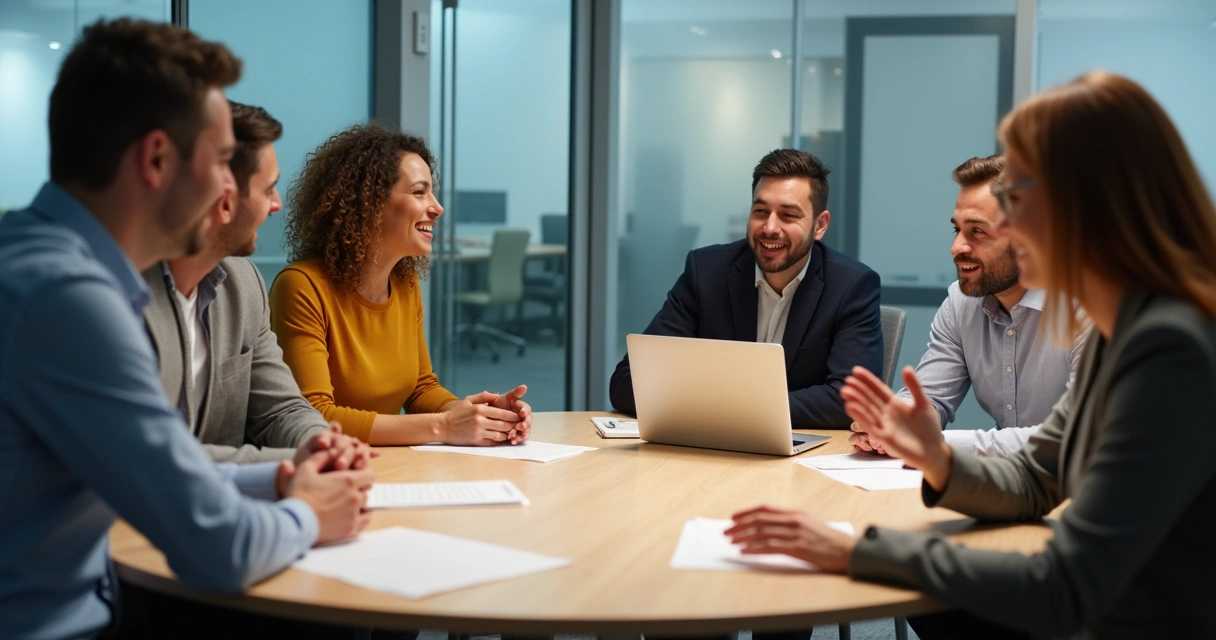 Group of employees in a meeting sharing feedback, with one person taking notes and others listening 