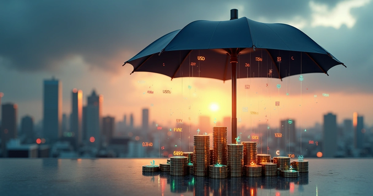 Umbrella shielding global currencies on city skyline at sunrise 