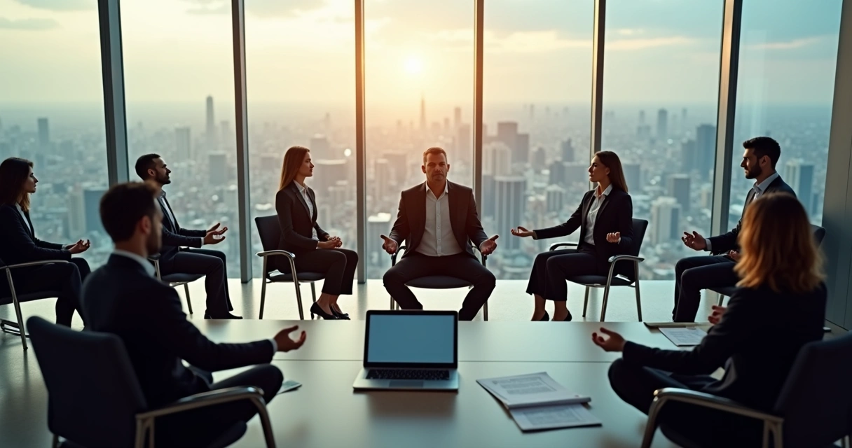 Group of executives in suits meditating together in a glass-walled conference room