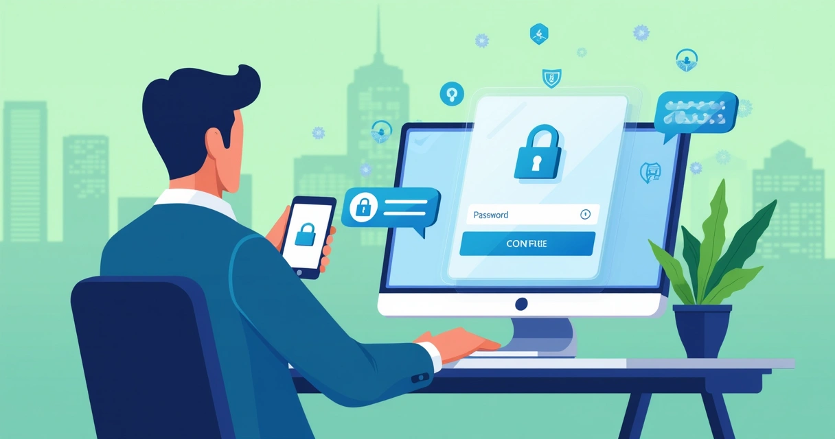 Corporate employee using phone for MFA login at workstation 