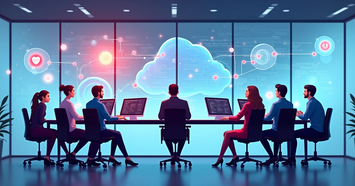 Equipe analisando a segurança de uma rede corporativa, computadores e ícones de escudo digital. 
