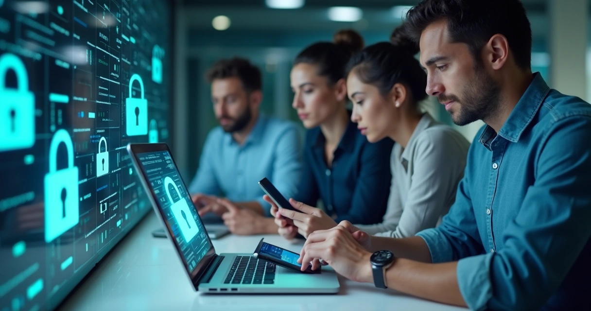 Team accessing a corporate password vault on multiple digital devices securely 