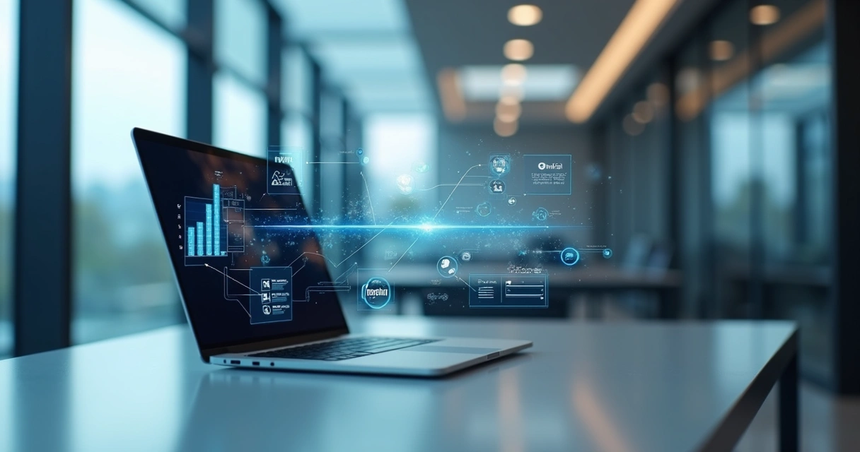 Corporate workspace showing multiple SaaS system interfaces connected on transparent screens above a laptop 