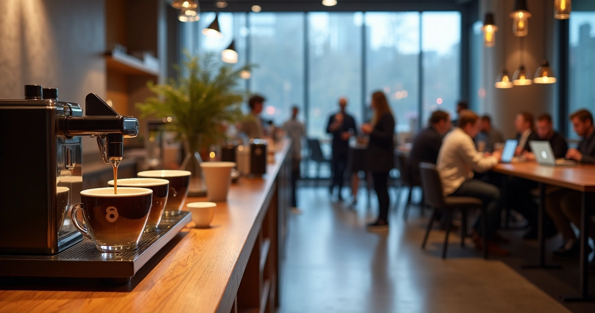 Café servido em evento corporativo em ambiente moderno 
