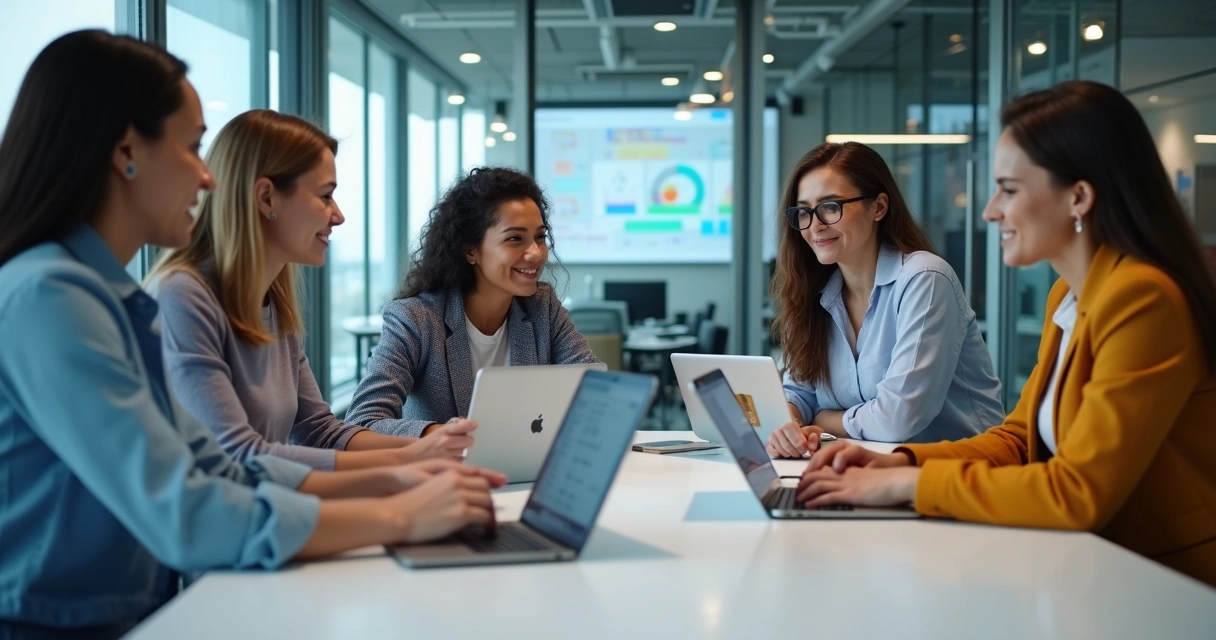 Equipe em ambiente corporativo usando tablets e laptops para treinamento online 