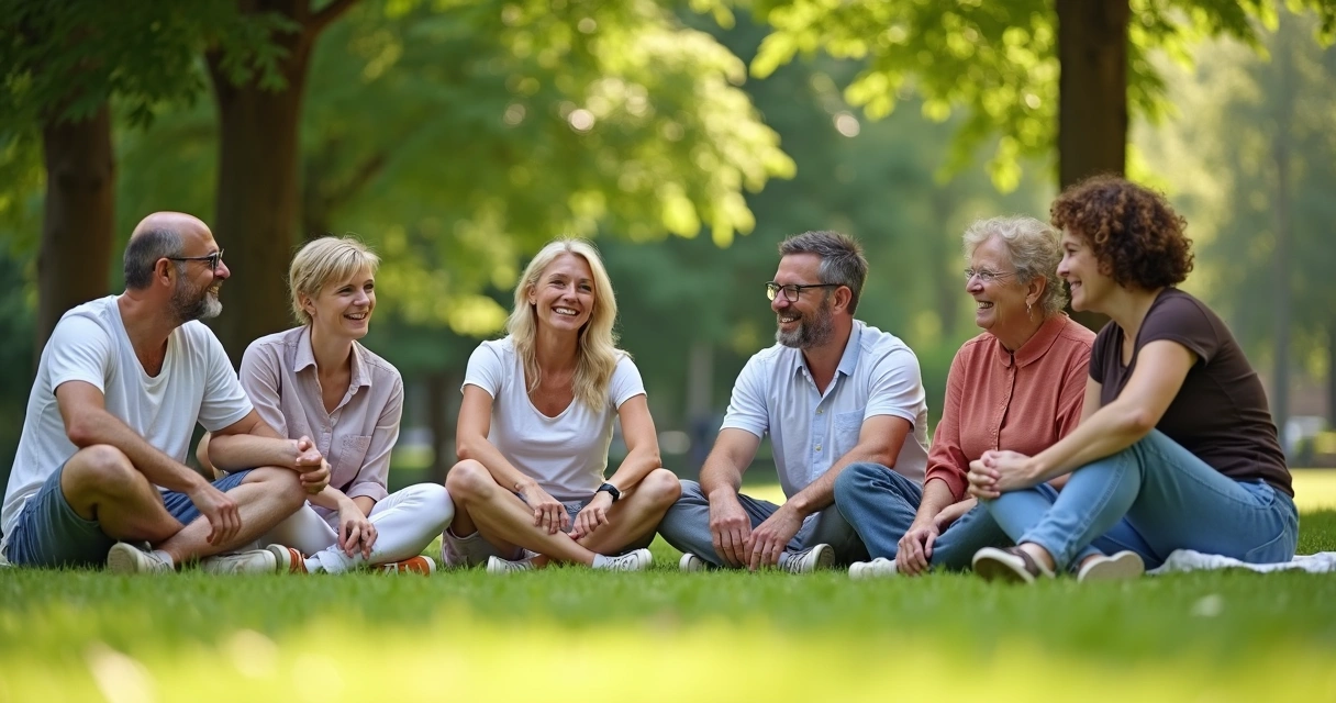 Grupo de pessoas com diferentes tipos físicos em um parque, sorrindo e relaxando 