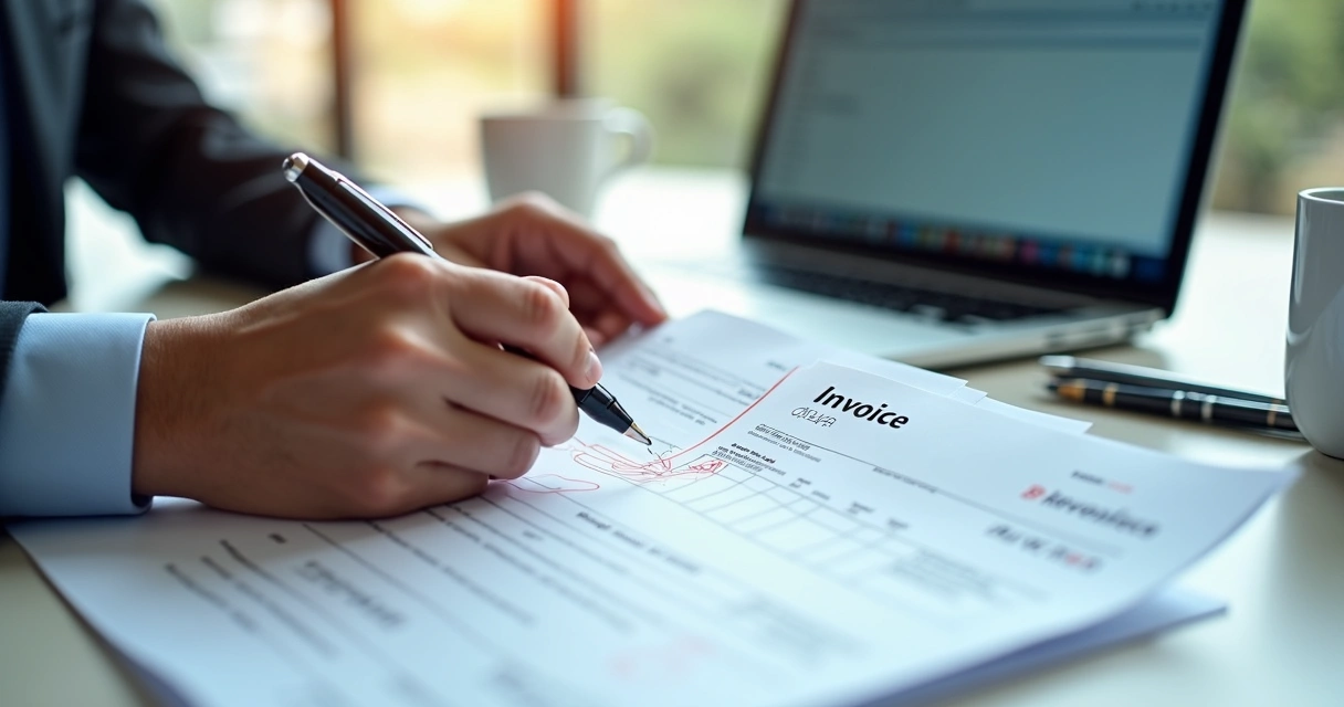 Pessoa revisando nota fiscal em papel e corrigindo com uma caneta vermelha