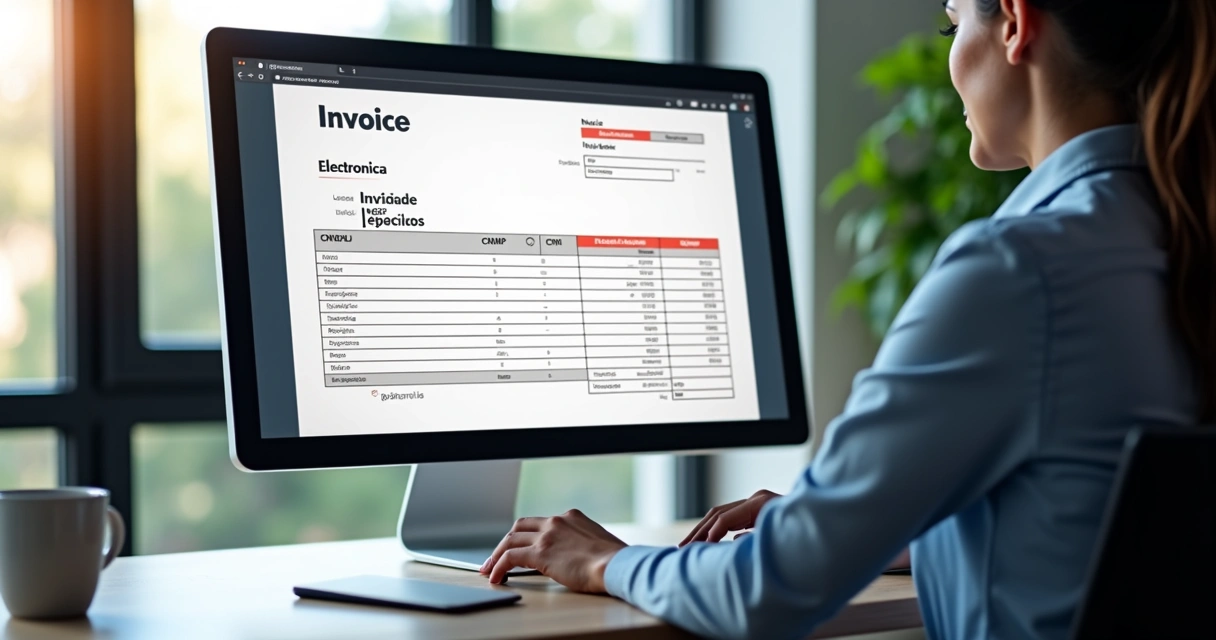Profissional corrigindo nota fiscal em sistema online 