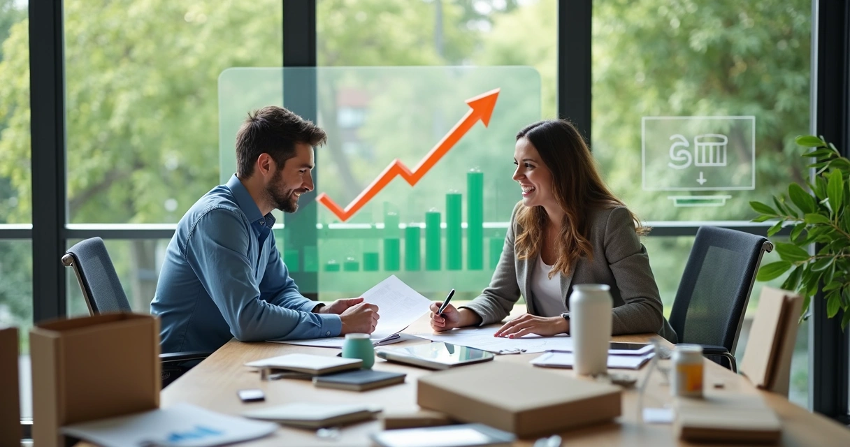 Homem e mulher analisando documentos fiscais em uma mesa cercada de embalagens recicláveis, com gráficos de crescimento e ambiente de escritório ao fundo, representando inovação e sustentabilidade. 